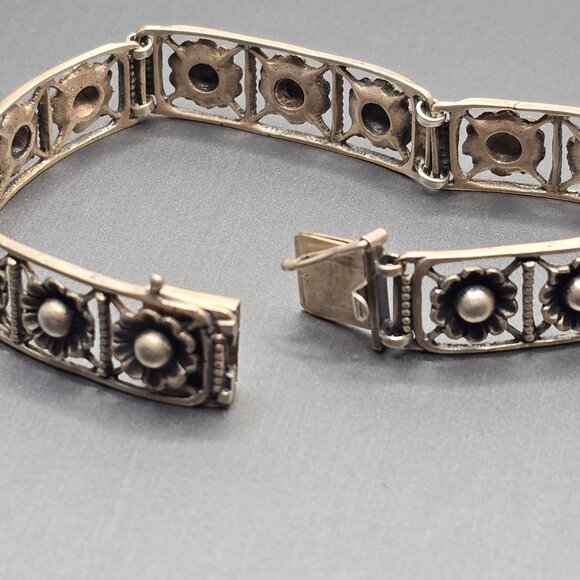 VTG Sterling Silver 925 Flower Link Bracelet Box Clasp 7in 16.76g Hand Assembled - Picture 5 of 11